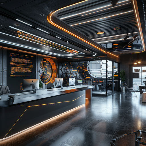 Futuristic fintech company office with innovative technology