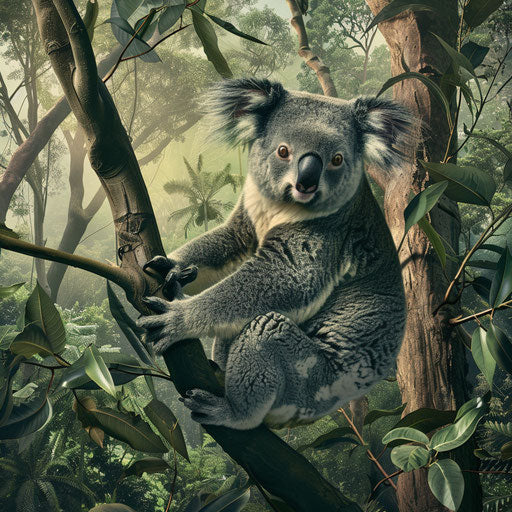 Koala in a lush rainforest