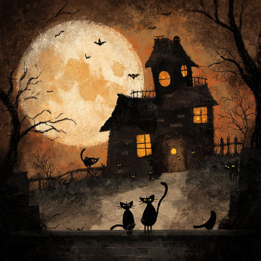 Eerie Halloween Night with Haunted House and Black Cats