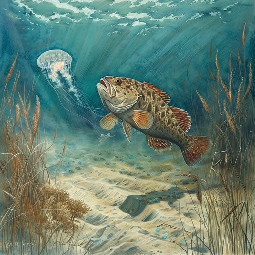 A Warsaw grouper following a trail of sand among sea grass, with a jellyfish floating in the background