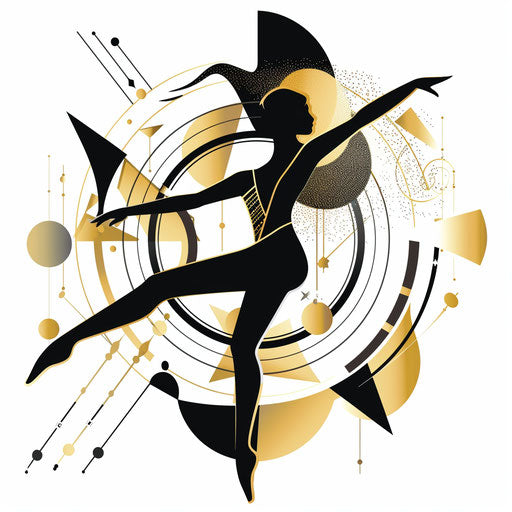 Art deco flat tattoo sketch clipart style, silhouette dancer gold black