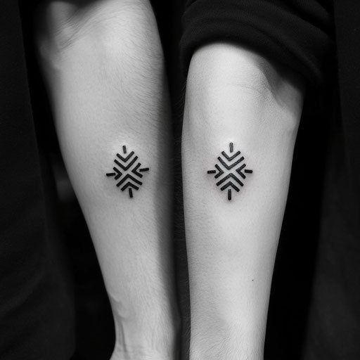 Small matching tattoos of tiny tribal symbols in the style of Glenn Fabry