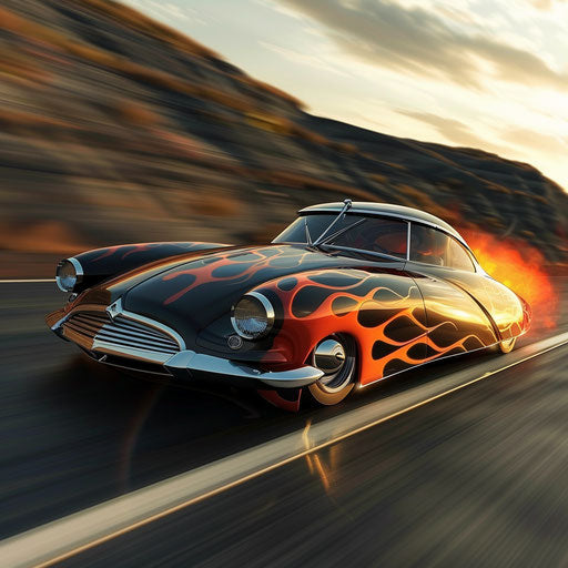 Futuristic Citroen DS 20 hotrod with flames on deserted highway