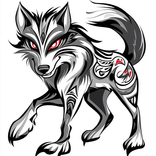 Tribal wolf tattoo in the style of Humberto Ramos featuring a playful cartoon wolf