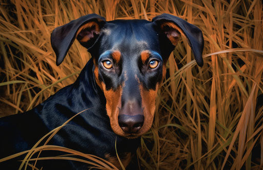 Doberman pinscher dog in grass, light orange and dark navy style