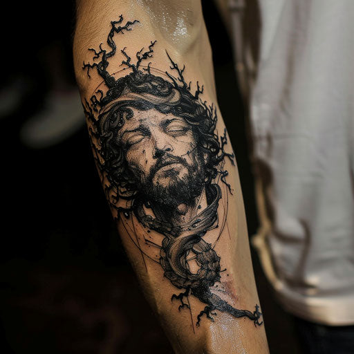 Divine tattoo with dark surrealism