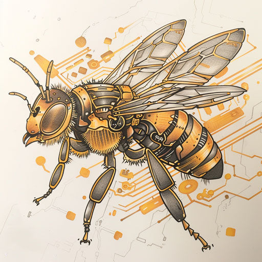 Futuristic tattoo sketch of a queen bee with metallic shades and circuit-like patterns