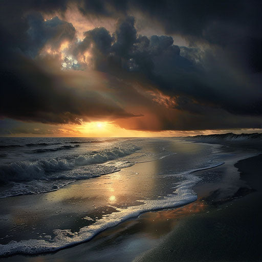 Moody sunset at a sandy beach with powerful waves and dark clouds
