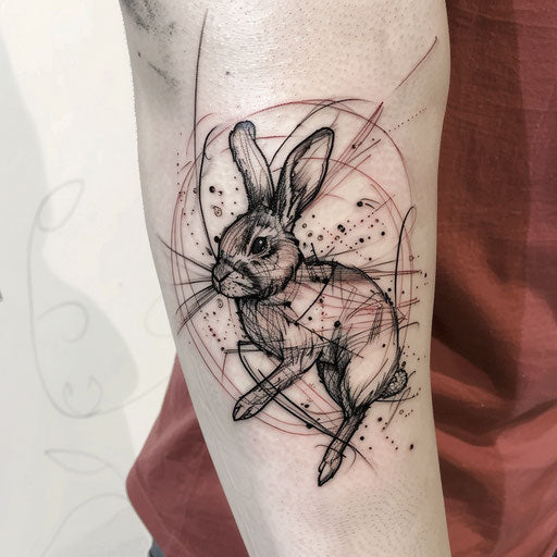Energetic flat tattoo sketch of a black rabbit running with motion lines
