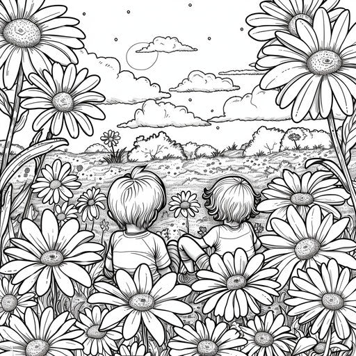 Children playing in a field of daisies