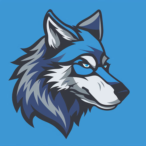 Sleek wolf sports logo in blue and gray on sky blue background