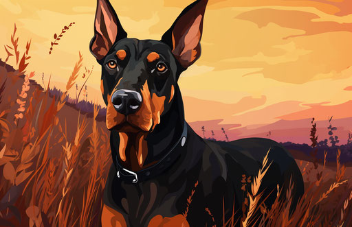 Doberman pinscher dog in the field, dark orange and dark maroon style, exaggerated features 17:11