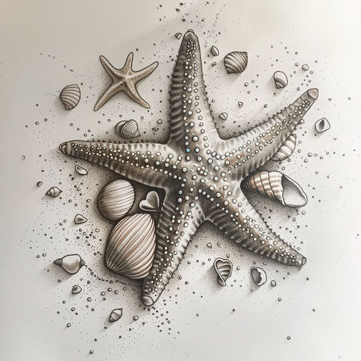 Sketch of a starfish surrounded by shells and sand grains, capturing the beauty of the ocean floor, as a tattoo, on a white canvas.