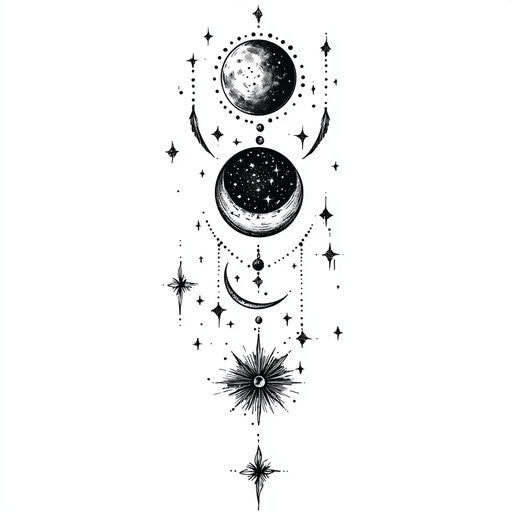 Outer forearm tattoo with celestial elements on white background