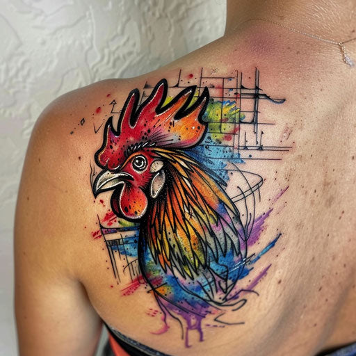 Graffiti-inspired rooster tattoo, vibrant and edgy