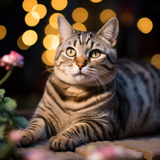 American shorthair cat lying outside at night