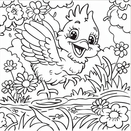 Vibrant cartoon scene with a playful chick