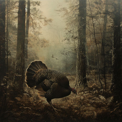 Wild turkey feeding in a tranquil clearing