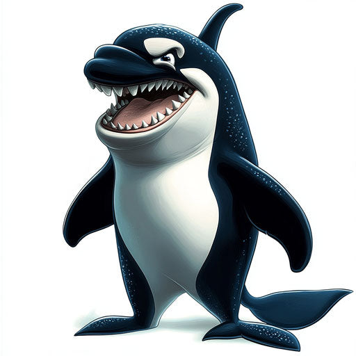 Humorous caricature of an orca with human traits, exaggerated frowning mouth, big hands, vibrant colors, cartoon style