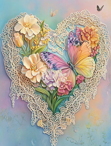 Colorful heart with lace and flowers, butterfly in background