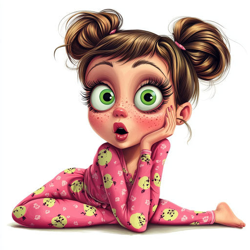 Humorous caricature of a pajama clipart with human characteristics, exaggerated thick eyelashes, short legs, lying on the ground, vibrant colors, cartoon style, surprised, high resolution, isolated