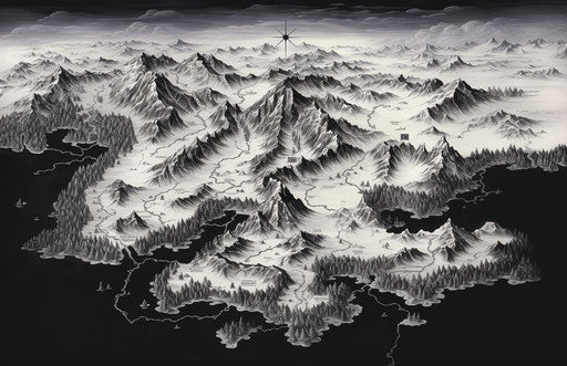 Black and white drawing of a world map, dark brown and white style