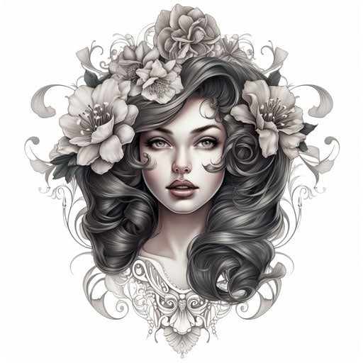 Tattoo of woman with large flower headpiece