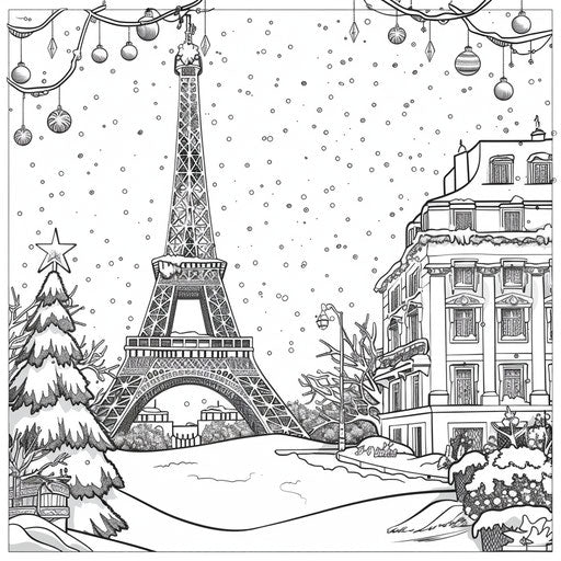 The Eiffel Tower in winter, covered in snow and holiday decor