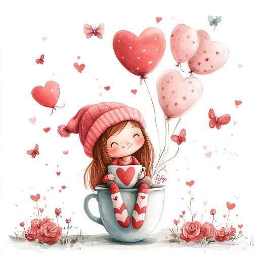 Cute girl in a coffee cup surrounded by butterflies and heart-shaped balloons