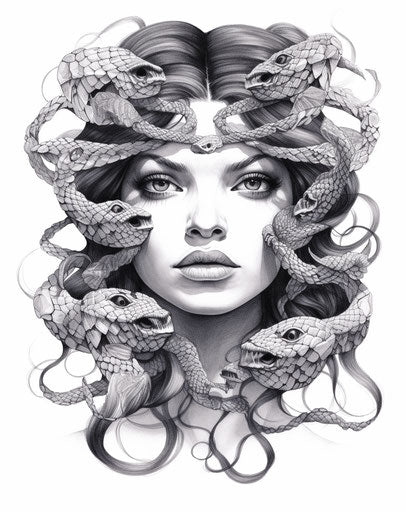 Woman with snakes on face, coralpunk style, heavy outlines