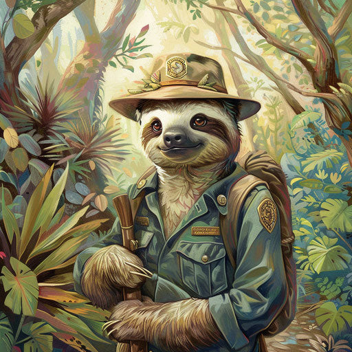 A sloth as a park ranger, protecting the natural beauty of a vast wilderness area