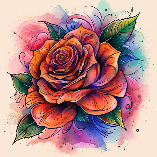 Flat tattoo sketch of a gypsy rose with swirling, vibrant petals