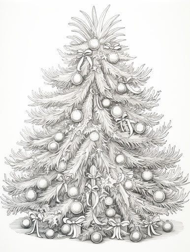 Decorated Christmas tree in black and white
