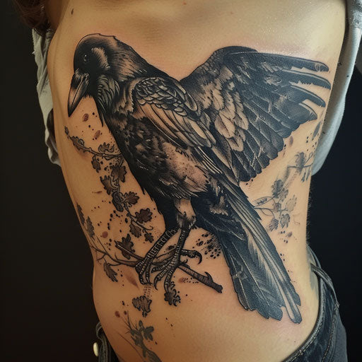 Rib tattoos of a gothic raven, Gerald Brom style