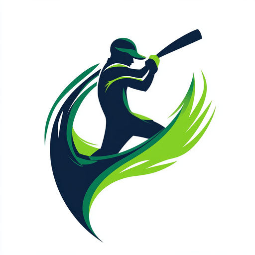Minimalist cricket logo with swinging player silhouette, modern typography, green and navy on white