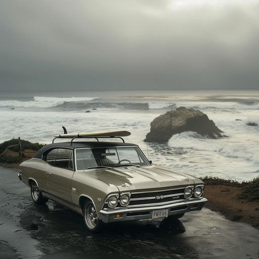 Surf car with board on top at the water's edge
