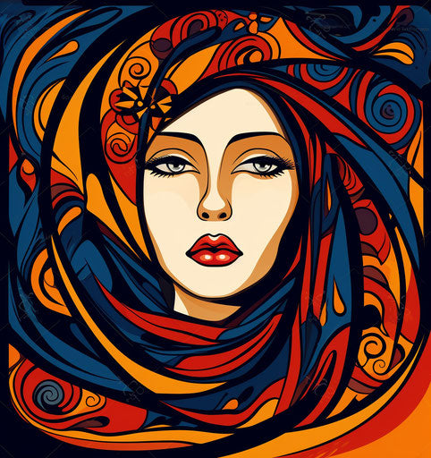 Tribal woman in scarf, lowbrow tattoo style poignant wave