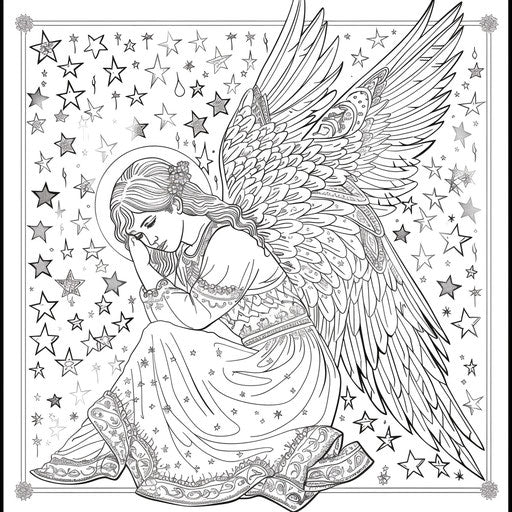 Elegant angel with patterned wings, surrounded by stars