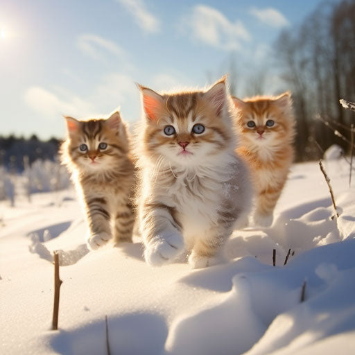 Siberian kittens playing in the snow