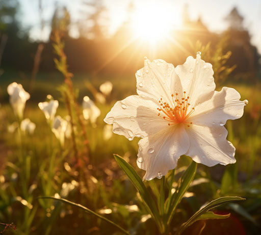 White flower in green field, sun-soaked colors, angelcore