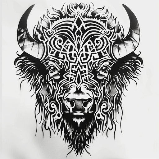 Bold bison head with tribal motifs in black and white