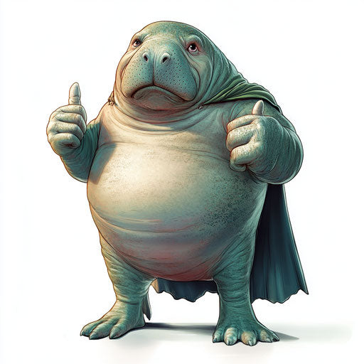 Humorous caricature of a manatee with human characteristics
