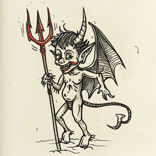 Whimsical flat tattoo sketch of Lucifer holding a trident