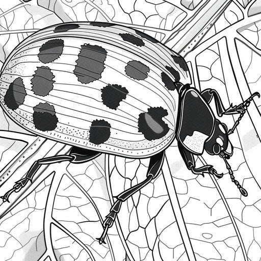 Ladybug on a leaf. Detailed coloring book page