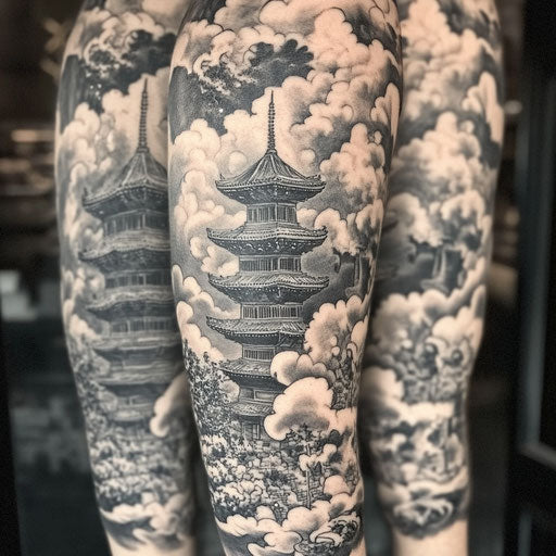 Japanese sleeve tattoo featuring a pagoda amidst swirling clouds in Adrian Smith's style
