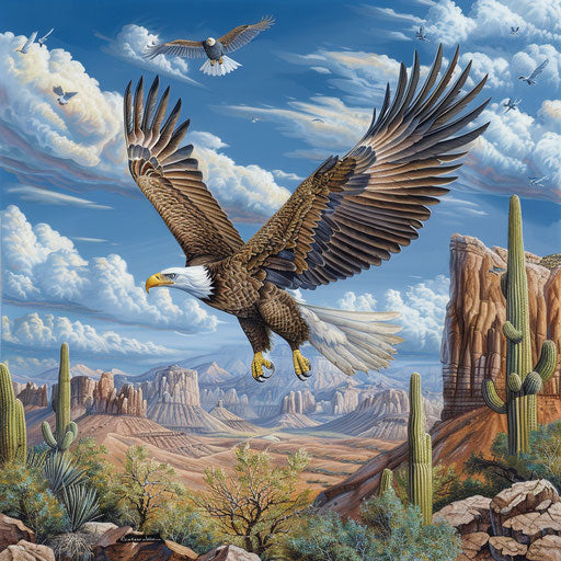 Majestic bald eagle soaring over a desert landscape