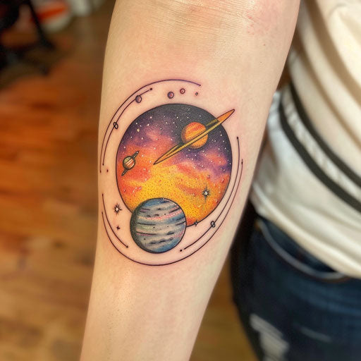 Surreal sunset tattoo with aligning planets in twilight