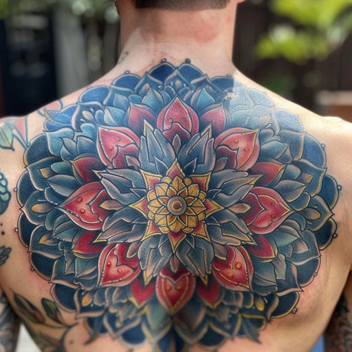 Intricate neo-traditional mandala tattoo in vibrant blue, red, and gold on white background