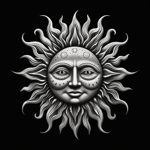 Solar face: black and white drawing, mythological iconography style