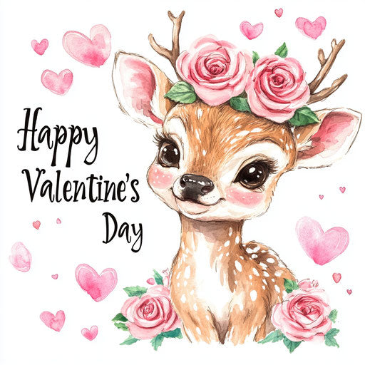 Little baby deer with pink roses in its hair, hearts around, white background, inscription 'Happy Valentine's Day', digital airbrushing